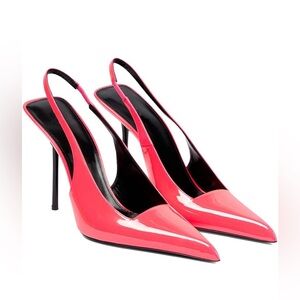 NIB THESHY Pointed Tie Sling Back Stiletto Heels,Patent Leather,Pink,Size 5 US